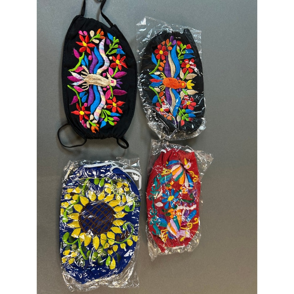 Lot of 4 Mexican Floral Embroidered Face Masks Otomi Style Cotton Multi Color